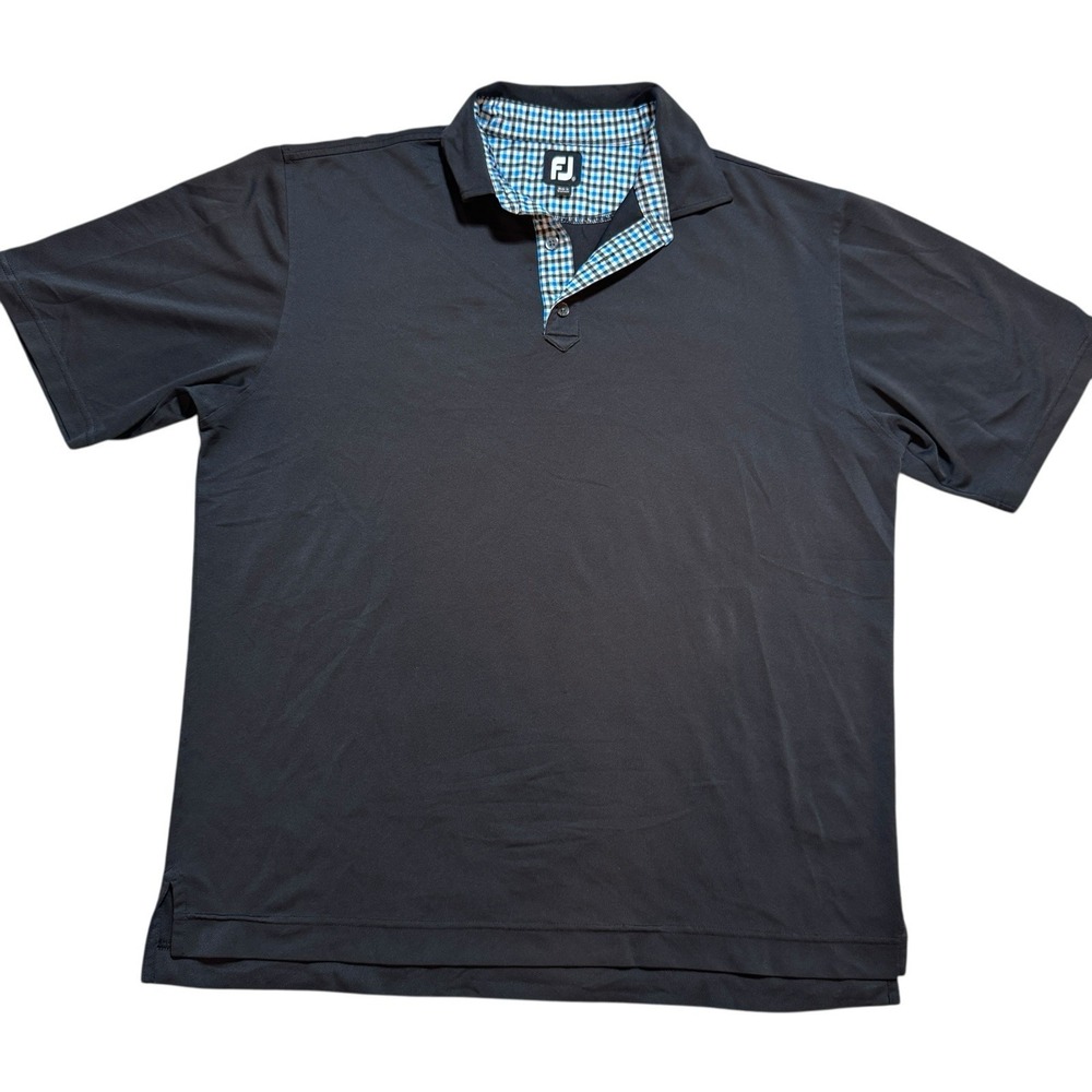 FootJoy FJ Mens XL Black Blue Checkered Collar Golf Polo Shirt Preppy Casual